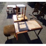 MAHOGANY TABLE WITH TILE INSERT, PINE NEST OF 3 TABLES,