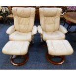 PAIR OF CREAM LEATHER SWIVEL ARMCHAIRS AND STOOLS