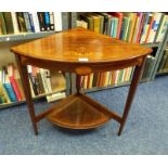 EARLY 20TH CENTURY ROSEWOOD CORNER TABLE WITH DECORATIVE BOXWOOD INLAY ON SQUARE SUPPORTS,
