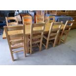 OAK KITCHEN TABLE ON SQUARE SUPPORTS WITH 2 EXTRA LEAVES LENGTH 240CM AND SET OF 8 LADDER BACK