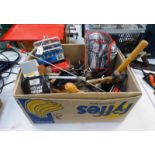 BOX OF VARIOUS TOOLS TO INCLUDE NUTOOL POWER 1/4" ROUTER BUT SET, HEX KEY SET, CHISEL SET,