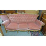 BEECH FRAMED CONTINENTAL BUTTON BACK 3 SEATER SETTEE ON CARVED CABRIOLE SUPPORTS