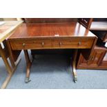 EARLY 20TH CENTURY INLAID MAHOGANY SOFA TABLE WITH 2 FRIEZE DRAWERS AND 2 LEAVES ON BRASS LION PAW