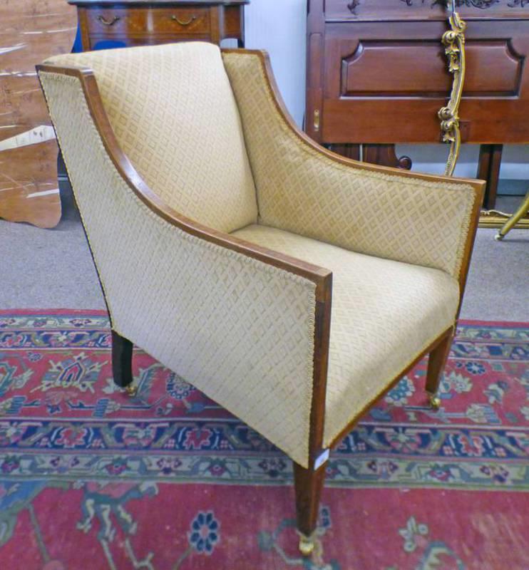 EARLY 20TH CENTURY MAHOGANY FRAMED ARMCHAIR WITH BOXWOOD CROSSBANDING ON TAPERED SUPPORTS