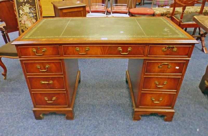 MAHOGANY TWIN PEDESTAL DESK WITH LEATHER INSERT IN TOP AND 3 FRIEZE DRAWERS OVER 6 DRAWERS WIDTH