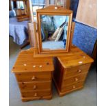 PAIR OF PINE 3 DRAWER BEDSIDE CHESTS & PINE MIRROR