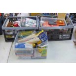 3 BOXES OF VARIOUS TOOLS TO INCLUDE STAPLE GUNS AND STAPLES, BOXES OF NAILS, SCREWS, BOX KNIVES,