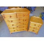 PINE CHEST OF 2 SHORT OVER LONG DRAWERS ON BALL FEET AND PINE 3 DRAWER BEDSIDE CHEST