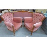 PAIR OF BEECH FRAMED BUTTON BACK CONTINENTAL ARMCHAIRS ON CARVED CABRIOLE SUPPORTS