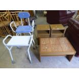 WOOD EFFECT TILE TOPPED COFFEE TABLE AND 2 MATCHING BEDSIDE CABINETS