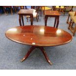 MAHOGANY OVAL COFFEE TABLE ON PEDESTAL WITH 4 METAL LION PAW FEET.