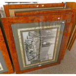 8 WALNUT EFFECT FRAMES WITH VARIOUS PRINTS 49 X 32 CM - TO BE SOLD PLUS VAT ON THE HAMMER PRICE.