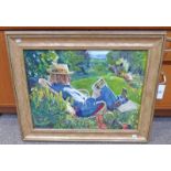 LOT WITHDRAWN - GILT FRAMED OIL PAINTING MAN IN GARDEN WITH ART BOOK