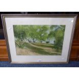 SIGNED FRAMED GOUACHE OF A LANDSCAPE WITH TREES 29 X 44 CM