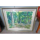 J REVELLE WOODLAND SCENE SIGNED FRAMED WATERCOLOUR 48 X 64 CM