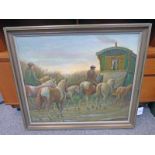 ERNEST PAYNE HORSES AND CARAVAN GILT FRAMED OIL PAINTING SIGNED 62 X 75 CMS