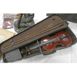 VIOLIN WITH 36CM LONG 2 PIECE BACK WITH BOW IN CASE Condition Report: Age related