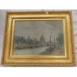 G LITTLE BARGES ON A FRENCH RIVER SIGNED GILT FRAMED WATERCOLOUR 24 X 34 CM