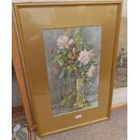 JESSIE ALGIE WINTER ROSES SIGNED WITH RSA BELGIAN ARTISTS RELIEF LABEL TO REVERSE FRAMED