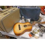 6 STRING SUMBRO ACOUSTIC GUITAR MODEL PS1A AND TWO SUITCASES, CLOCKS,