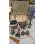 FRAMED MAP OF SOUTH WALES, HAND BELLS, MIDDLE EASTERN KNIFE WITH PISTOL GRIP HANDLE, SCRAP BOOK,