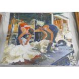 MARI MACDONALD SHEEPSHEARING SIGNED ACRYLIC PAINTING 45 X 55 CM