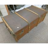 WOOD BOUND LUGGAGE TRUNK AND A TRAY