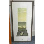 BARBARA ROBERTSON EARLY MORNING SIGNED FRAMED LINO PRINT 58 X 27 CM