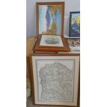 FRAMED DUCK PRINTS, OIL ON BOARD SIGNED SENFT, FRAMED MORAY FIRTH MAP,