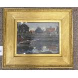 JOHN R GREIG HARBOUR SCENE UNSIGNED GILT FRAMED OIL PAINTING 22 X 29 CMS