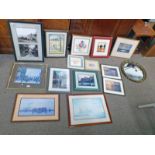 VARIOUS FRAMED PRINTS INCLUDING ROUND MIRROR 30 X 45 CM