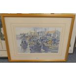 STUART LAMMIE FISHING BOATS ARBROATH SIGNED FRAMED WATERCOLOUR 34 X 54 CM