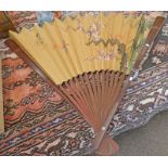 LARGE ORIENTAL FAN DECORATED WITH BIRD ON BRANCH, SIGNED WITH CHARACTERS,