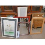 SELECTION OF FRAMED PICTURES, MIRRORS, ETCHING OF MUSIC,