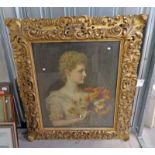 CAROL BAUSSLE PORTRAIT OF LADY WITH FLOWERS WITH OLD LABEL TO REVERSE GILT FRAMED OIL PAINTING 76