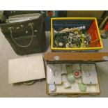 PICNIC HAMPER, TABLE LAMPS, VARIOUS RECORDS,