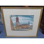 SANTANDER CHURCH TOWER SAN UNSIGNED FRAMED WATERCOLOUR 29 X 39 CM