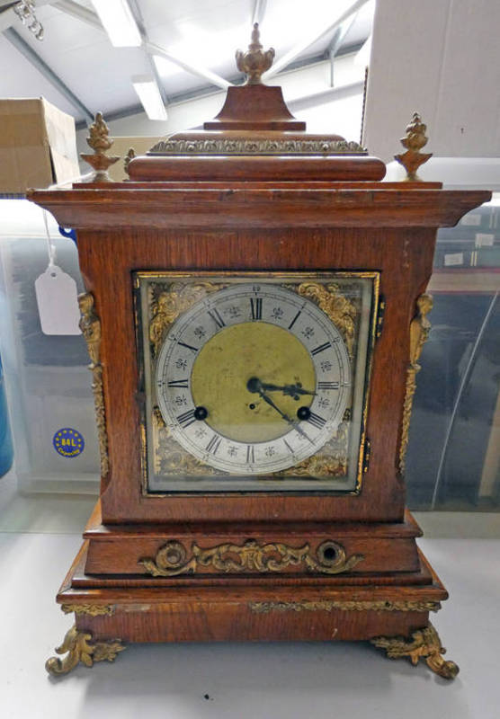 LATE 19TH CENTURY OAK BRACKET CLOCK WITH GILT METAL & SILVERED DIAL & GILT METAL MOUNTS, 70CM TALL,