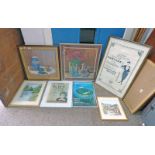 VARIOUS FRAMED POSTERS, WATERCOLOURS,