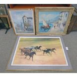 2 FRAMED CONTINENTAL OIL PAINTINGS & FRAMED HORSE SCENE