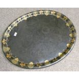 19TH CENTURY TOLEWARE OVAL TRAY WITH GILT DECORATION 77CM LONG