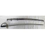 19TH CENTURY CONTINENTAL CAVALRY SWORD WITH 79CM LONG SLIGHT CURVED FULLERED BLADE DOUBLE EDGED AT