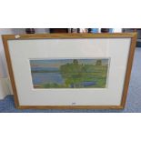 DAVID CALDWELL BOAT BY LAKE SIGNED LABEL - CYRIL GERBER FINE ART FRAMED OIL PAINTING 18 X 42 CM