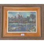 HAMISH LAWRIE - (ARR) FIR TREES & HIGHLAND RIVER SIGNED FRAMED OIL PAINTING 24 X 32 CM