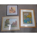 J F WALKER COMBY HOUSES SIGNED FRAMED WATERCOLOURS 27 X 40 CM WITH 2 OTHER FRAMED PICTURES