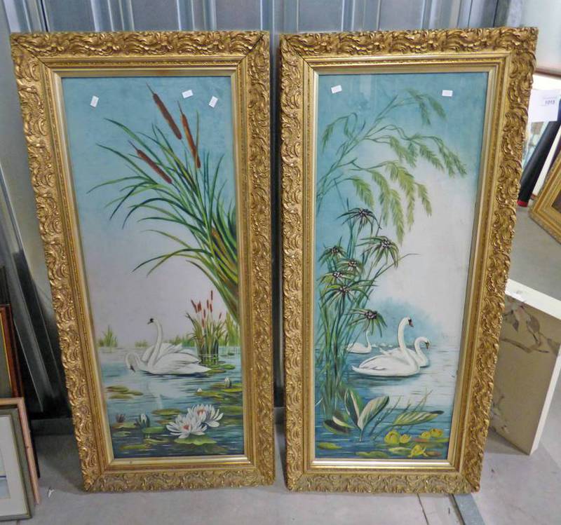 PAIR OF GILT FRAMED OIL PAINTINGS ON GLASS 98 X 36 CM