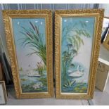 PAIR OF GILT FRAMED OIL PAINTINGS ON GLASS 98 X 36 CM