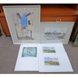 Z FIRTH CANAL SCENE AND CONTINENTAL STREET SCENE FRAMED WATERCOLOURS & 3 COLOUR ETCHINGS OF