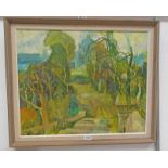 DAVID MANNINGS, GREEN GARDEN, SIGNED, FRAMED OIL PAINTING, 49.5 X 61.