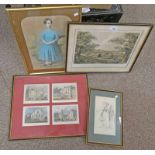 GILT FRAMED PASTEL OF A GIRL IN A BLUE DRESS, FRAMED EDINBURGH SCENES,